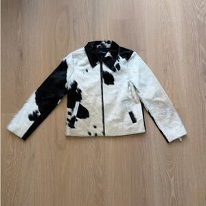Lucky Brand Cow Hide Print Authentic Genuine Leather Jacket Size S Cream Black